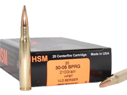 HSM Trophy Gold Rifle Ammunition 3006210VLD, 30-06 Springfield, Berger Hunting VLD, 210 GR, 2534 fps, 20 Rd/bx