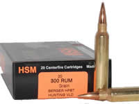 HSM Trophy Gold Rifle Ammunition 300RUM185VLD, 300 Remington Ultra Mag, Berger Match Hunting VLD, 185 GR, 3118 fps, 20 Rd/bx