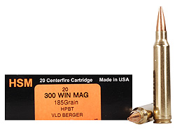 HSM Trophy Gold Rifle Ammunition 300WM185VLD, 300 Winchester Magnum, VLD, 185 GR, 3012 fps, 20 Rd/bx