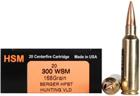 HSM Trophy Gold Rifle Ammunition 300WSM168VLD, 300 Winchester Short Magnum (WSM), Berger Hunting VLD, 168 GR, 3109 fps, 20 Rd/bx