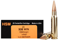 HSM Trophy Gold Rifle Ammunition 308168VLD, 308 Winchester, Berger Hunting VLD, 168 GR, 2740 fps, 20 Rd/bx