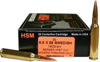 HSM Trophy Gold Rifle Ammunition 65X55140VLD, 6.5X55 Swedish, Berger Match Hunting VLD, 140 GR, 2630 fps, 20 Rd/bx