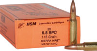 HSM Custom Plus Rifle Ammunition 681N, 6.8mm Remington, Sierra MatchKing BTHP, 115 GR, 2625 fps, 20 Rd/Bx