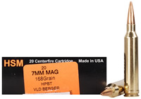 HSM Trophy Gold Rifle Ammunition 7MAG168VLD, 7mm Remington Magnum, Berger Hunting VLD, 168 GR, 3067 fps, 20 Rd/bx