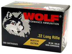 Wolf Match Extra Rimfire Ammunition 22XTRA, 22 Long Rifle, Round Nose (RN), 40 GR, 1050 fps, 50 Rd/Bx