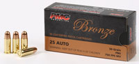 PMC Bronze Line Pistol Ammunition 25A, 25 ACP, Full Metal Jacket (FMJ), 50 GR, 750 fps, 50 Rd/bx