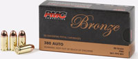 PMC Bronze Line Pistol Ammunition 380A, 380 ACP, Full Metal Jacket (FMJ), 90 GR, 920 fps, 50 Rd/bx