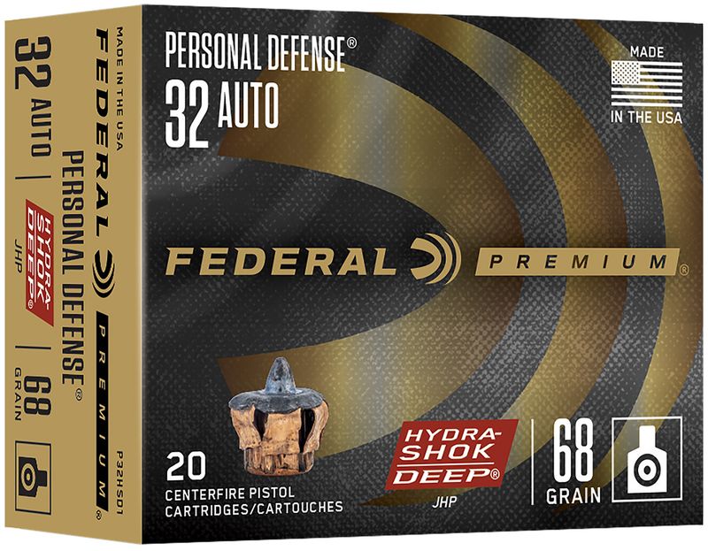 Federal Hydra-Shok Deep Personal Defense P32HSD1, 32 ACP, Jacketed Hollow Point (JHP), 68 GR, 1000 fps, 20 Rd/bx