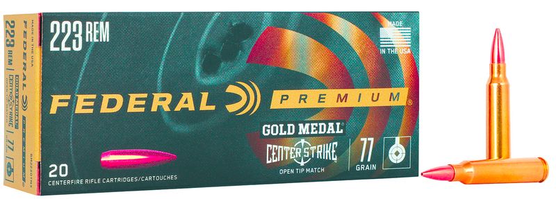 Federal Premium Gold Medal GM223OTM3, 223 Remington, Open Tip Match, 77 GR, 2720 FPS, 20 Rd/bx