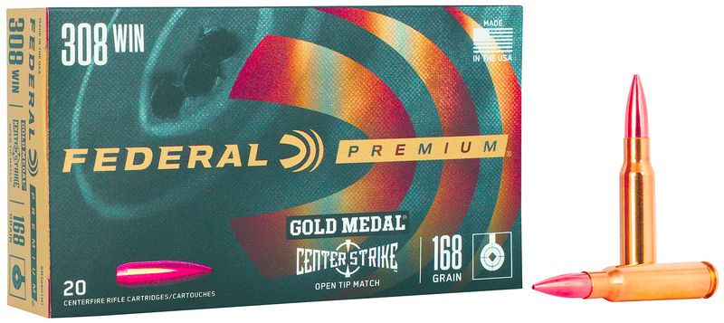 Federal Premium Gold Medal Rifle Ammunition GM308OTM1, 308 Winchester, Open Tip Match BTHP, 168 GR, 2650 fps, 20 Rd/bx