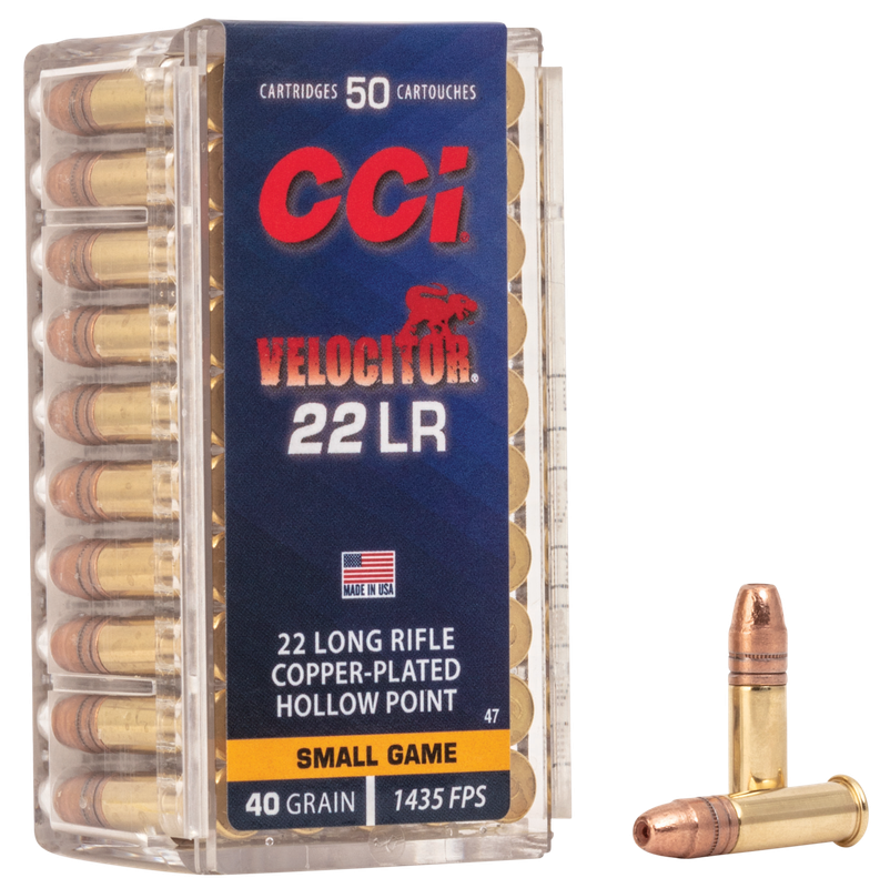 CCI Velocitor Small Game Rimfire Ammunition 0047, 22 Long Rifle, Hollow Point (HP), 40 GR, 1435 fps, 50 Rd/bx