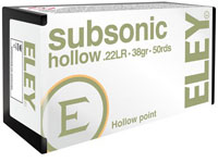 Eley Subsonic Rimfire Ammunition, 05400, 22 Long Rifle, Hollow Point (HP), 40 GR, 1065 fps, 50 Rd/Bx