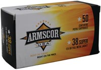 Armscor Pistol Ammunition FAC38SUPER-1N, 38 Super, Full Metal Jacket, 125 GR, 50 Rd/bx