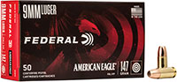 Federal American Eagle Pistol Ammunition AE9FP, 9mm, Full Metal Jacket (FMJ), 147 GR, 1000 fps, 50 Rd/bx