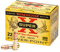 Winchester Super-X Power Point 100th Anniversary HV Rimfire Ammunition X22LRPP100, 22 LR, Power Point, 40 GR, 1280 fps, 300 Rd/bx