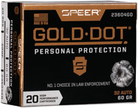 Speer Gold Dot Personal Protection Handgun Ammunition 23604GD, 32 ACP, Gold Dot HP, 60 GR, 960 fps, 20 Rd/bx