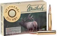 Weatherby Ammunition, A, H22455SP, 224 Weatherby, Spire Point, 55 GR, 3650 fps, 20 Rd/bx