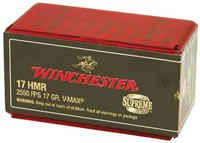 Winchester Supreme Rimfire Ammunition S17HMR1, 17 HMR, V-Max, 17 GR, 2550 fps, 50 Rd/bx