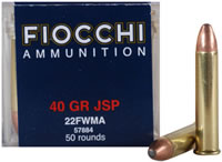 Fiocchi Shooting Dynamics Rimfire Ammunition 22FWMA, 22 Magnum (WMR), Jacketed Soft Point (SP), 40 GR, 1910 fps, 50 Rd/bx