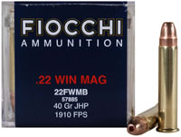 Fiocchi Shooting Dynamics Rimfire Ammunition 22FWMB, 22 Magnum (WMR), Jacketed Hollow Point (JHP), 40 GR, 1910 fps, 50 Rd/bx