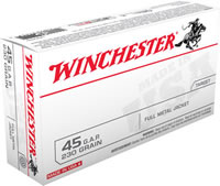 Winchester USA Pistol Ammunition USA45G, 45 GAP, Full Metal Jacket (FMJ), 230 GR, 850 fps, 50 Rd/bx