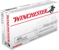 Winchester USA Pistol Ammunition USA45GJHP, 45 GAP, Jacketed Hollow Point (JHP), 230 GR, 850 fps, 50 Rd/bx