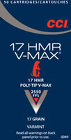 CCI V-Max Varmint Rimfire Ammunition 0049, 17 HMR, V-Max, 17 GR, 2550 fps, 50 Rd/bx