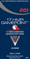 CCI HMR Gamepoint Small Game Rimfire Ammunition 0052, 17 HMR, Jacketed  Soft Point (SP), 20 GR, 2375 fps, 50 Rd/bx