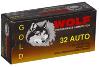 Wolf Gold Pistol Ammunition G32FMJ1, 32 ACP, Full Metal Jacket (FMJ), 71 GR, 903 fps, 50 Rd/bx