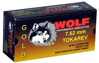 Wolf Gold Pistol Ammunition G762TOKFMJ1, 7.62x25mm Tokarev, Full Metal Jacket (FMJ), 85 GR, 1722 fps, 50 Rd/bx