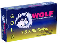 Wolf Gold Rifle Ammunition G75SFMJ1, 7.5 MM X 55 MM Swiss, Full Metal Jacket (FMJ), 174 GR, 2526 fps, 20 Rd/bx