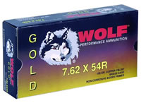 Wolf Gold Rifle Ammunition G54RFMJ1, 7.62 MM X 54 MM Rimmed, Full Metal Jacket (FMJ), 150 GR, 2838 fps, 20 Rd/bx