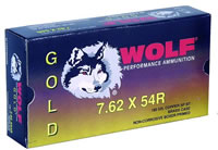 Wolf Gold Rifle Ammunition G54RSP1, 7.62x54mm Russian, Jacketed Soft Point (SP), 180 GR, 2641 fps, 20 Rd/bx