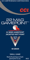 CCI HMR Gamepoint JSP Small Game Rimfire Ammunition 0022, 22 Magnum (WMR), Lead Gamepoint, 40 GR, 1875 fps, 40 Rd/bx