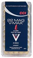 CCI V-Max Rimfire Ammunition 0073, 22 Magnum (WMR), Poly-Tip V-Max, 30 GR, 2200 fps, 50 Rd/bx