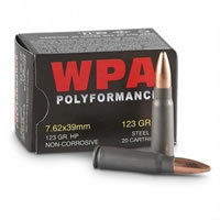 Wolf Performance Rifle Ammunition 762HPTINS, 7.62mmX39mm, Hollow Point, 123 GR, 2396 fps, 700 Rd/case