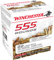 Winchester Rimfire Ammunition 22LR555HP, 22 LR, Copper Plated HP, 36 GR, 1280 fps, 555 Rd/bx