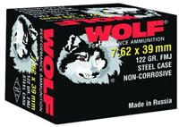 Wolf Rifle Ammunition 762BFMJ, 7.62 X 39mm, Full Metal Jacket (FMJ), Bi-Metal, 123 GR, 2396 fps, 1000 Rd/Case