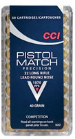 CCI Pistol Match Competition Rimfire Ammunition 0051, 22 Long Rifle, Round Nose (RN), 40 GR, 1070 fps, 50 Rd/bx