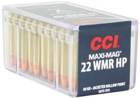 CCI Max-Mag Varmint Rimfire Ammunition 0024, 22 Magnum (WMR), Jacketed Hollow Point (JHP), 40 GR, 1875 fps, 50 Rd/bx