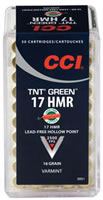 CCI TNT Rimfire Ammunition 0951, 17 Hornady Magnum Rimfire (HMR), TNT Green Hollow Point (HP), 16GR, 2500fps, 50 Rd/bx