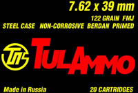 Tulammo Rifle Ammunition UL076201, 7.62mm X 39mm, Full Metal Jacket (FMJ), 122 GR, 20 Rd/bx