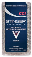 CCI Stinger Small Game/Varmint Rimfire Ammunition 0050, 22 Long Rifle, Hollow Point (HP), 32 GR, 1640 fps, 50 Rd/bx