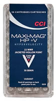 CCI Maxi-Mag HP +V Varmint Rimfire Ammunition 0059, 22 Magnum (WMR), Jacketed Hollow Point (JHP), 30 GR, 2200 fps, 50 Rd/bx