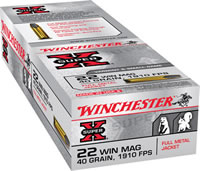 Winchester Super-X Rimfire Ammunition X22M, 22 Magnum (WMR), Full Metal Jacket (FMJ), 40 GR, 1910 fps, 50 Rd/bx