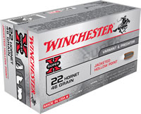 Winchester Super-X Rifle Ammunition X22H2, 22 Hornet, Hollow Point (HP), 46 GR, 2690 fps, 50 Rd/bx