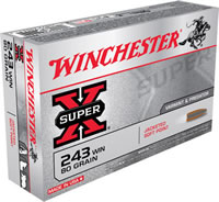 Winchester Super-X Rifle Ammunition X2431, 243 Winchester, Pointed Soft Point (SP), 80 GR, 3350 fps, 20 Rd/bx