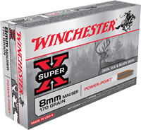 Winchester Super-X Rifle Ammunition X8MM, 8 MM Mauser, Power-Point, 170 GR, 2360 fps, 20 Rd/bx