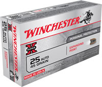 Winchester Super-X Pistol Ammunition X25AXP, 25 ACP, Expanding Point, 45 GR, 815 fps, 50 Rd/bx