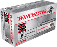 Winchester Super-X Pistol Ammunition X38ASHP, 38 Super Auto +P, Silvertip Hollow Point (HP), 125 GR, 1240 fps, 50 Rd/bx